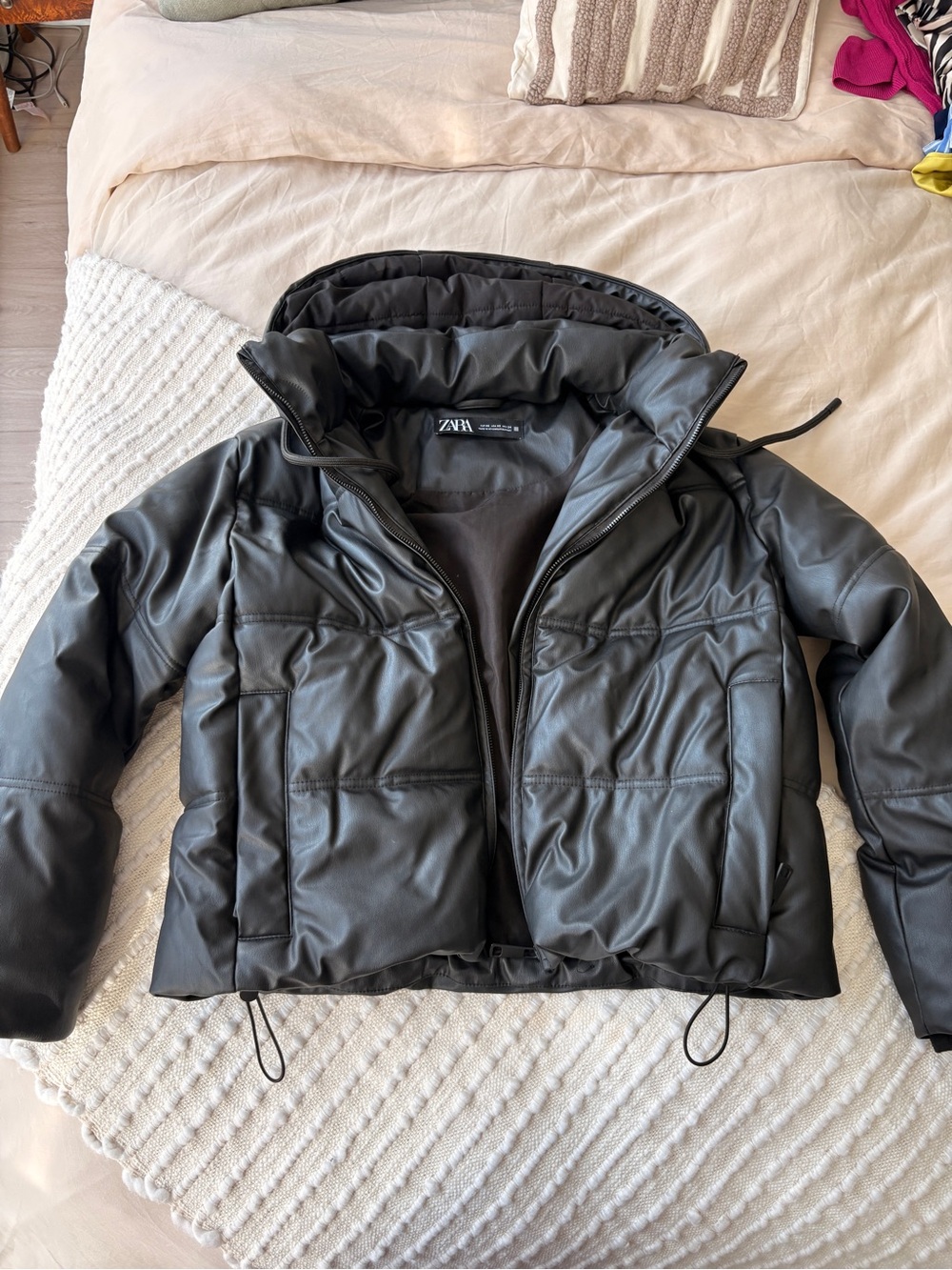 Zara Black Faux Leather Puffer Jacket with High Collar